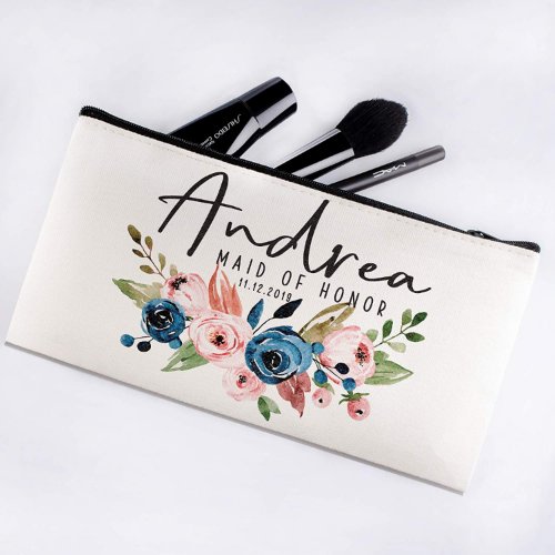 Blue And Pink Roses Floral Canvas Cosmetic Bag