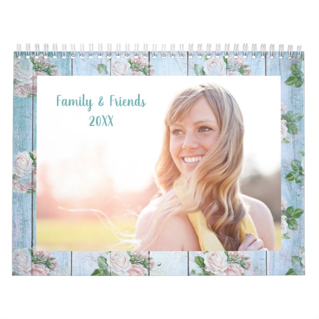 Blue and Pink Roses Shabby Chic Wood Photo Calendar (Cover)