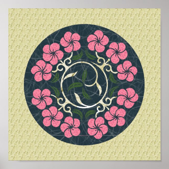 Blue And Pink Round Floral Art Design  Poster (Front)