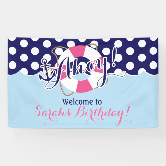 Blue and Pink, Sailor, Nautical Birthday Banner (Horizontal)