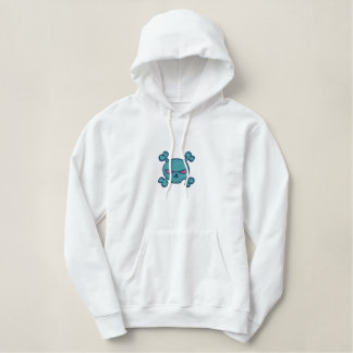 blue and pink skull and crossbones embroidered hoodie