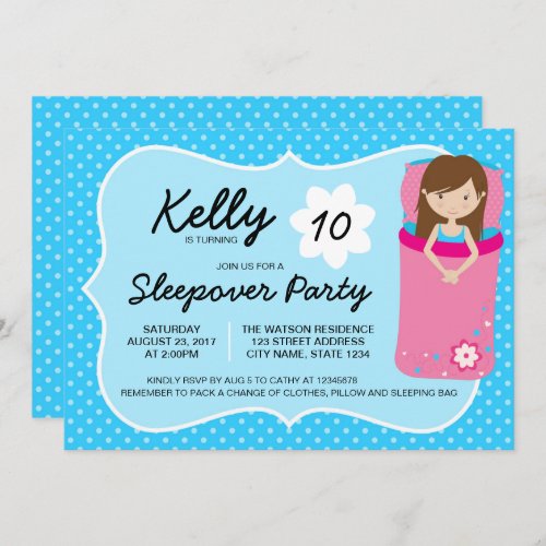 Blue and Pink Sleepover Party Birthday Invitation
