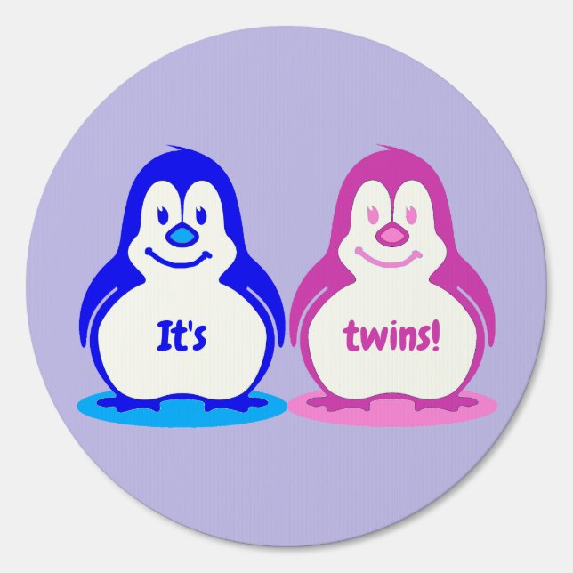 Blue and Pink Smiling Penguin Twins New Baby Yard Sign (Front)