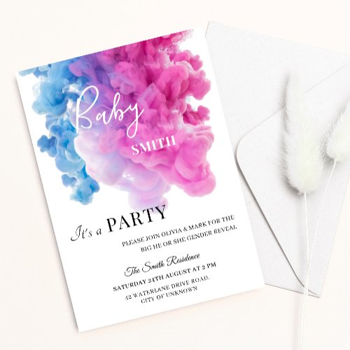 Blue and Pink Smoke Baby Gender Reveal Party Invitation