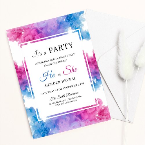 Blue and Pink Smoke Bomb Baby Gender Reveal Party Invitation
