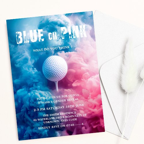 Blue and Pink Smoke Golf Sport Theme Gender Reveal Invitation