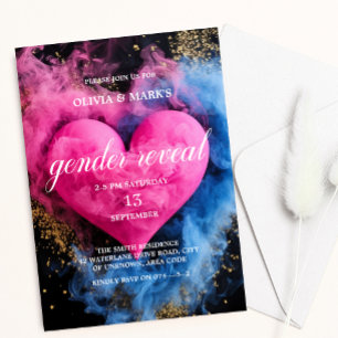 Blue and Pink Smoke Heart Baby Gender Reveal Party Invitation