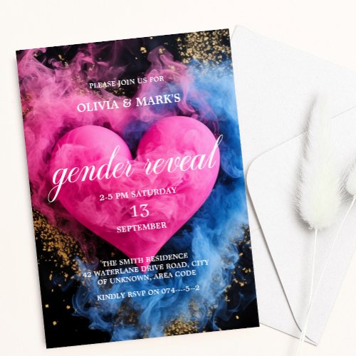 Blue and Pink Smoke Heart Baby Gender Reveal Party Invitation