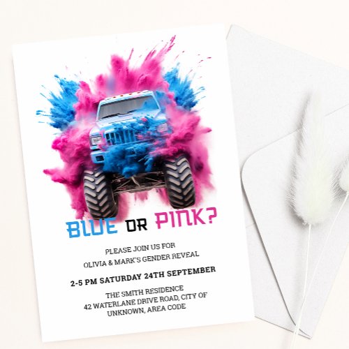 Blue and Pink Smoke Truck Car Baby Gender Reveal Invitation