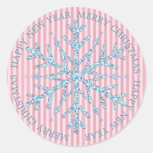 Blue and Pink Snowflake Merry Christmas Sticker