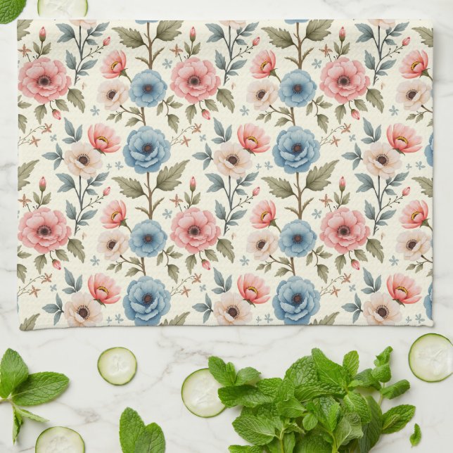Blue and Pink Spring Floral Fantasy Kitchen Towel (Folded)