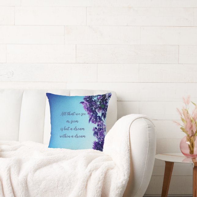 Blue and Pink Spring Floral Poetry Throw Pillow (Couch)