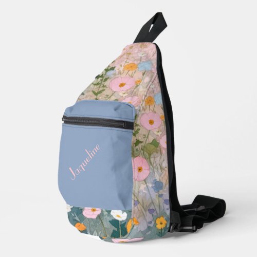 Blue and Pink Spring Meadows Background Sling Bag