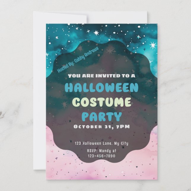 Blue and Pink Stars Modern Halloween Invitation (Front)