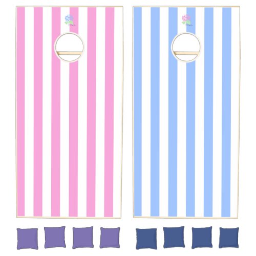 blue and pink stripe cornhole set