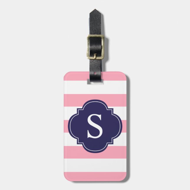 Blue and Pink Stripes Monogram Luggage Tag (Front Vertical)