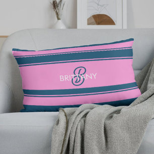 Blue and Pink Stripes Pattern Monogram Lumbar Pillow