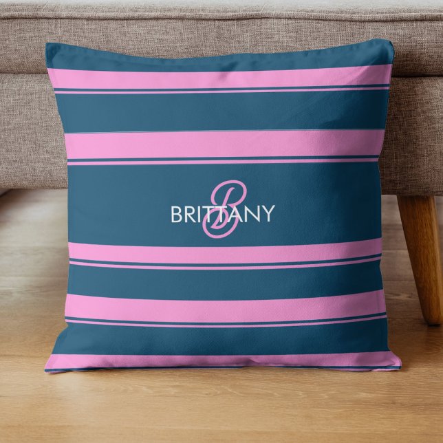 Blue and Pink  Stripes Pattern Monogram Throw Pillow (Creator Uploaded)