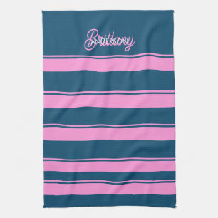 Blue and Pink Stripes Pattern Personalized Kitchen Towel