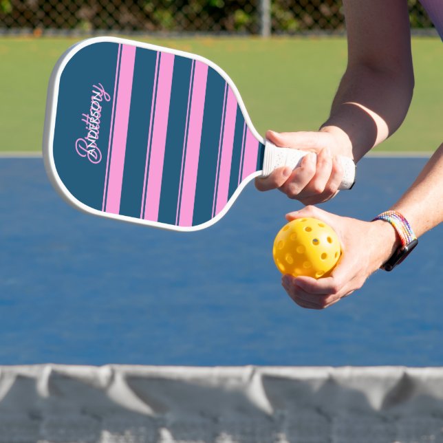 Blue and Pink  Stripes Pattern Personalized  Pickleball Paddle (Insitu)