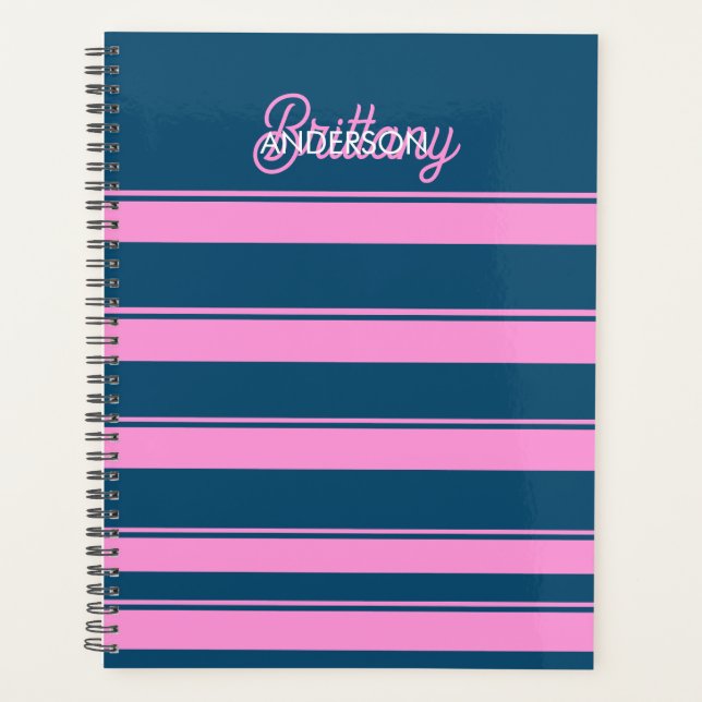 Blue and Pink  Stripes Pattern Personalized  Planner (Front)