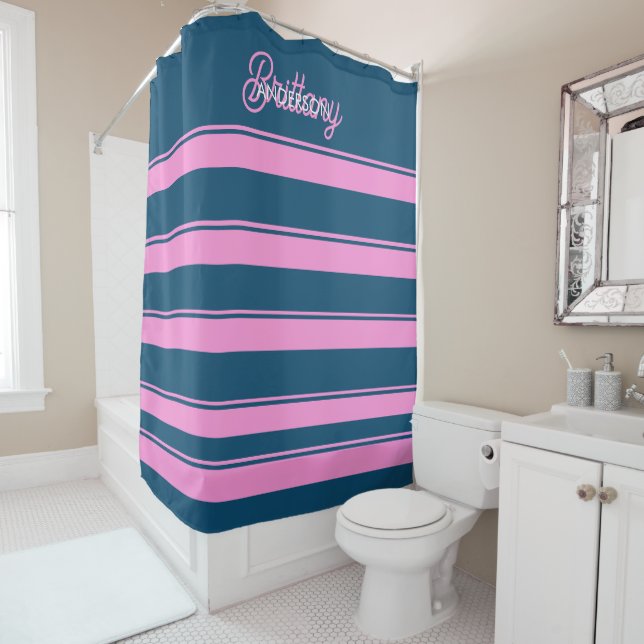 Blue and Pink  Stripes Pattern Personalized  Shower Curtain (In Situ)