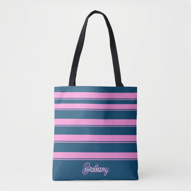 Blue and Pink  Stripes Pattern Personalized  Tote Bag (Front)