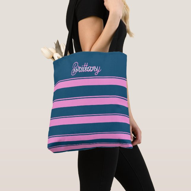 Blue and Pink  Stripes Pattern Personalized  Tote Bag (Close Up)