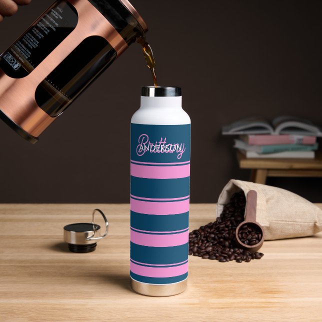 Blue and Pink  Stripes Pattern Personalized  Water Bottle (Coffee)