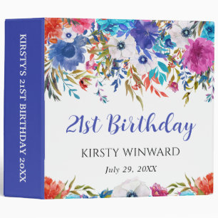 Blue and Pink Summer Flowers Birthday Photo Album 3 Ring Binder