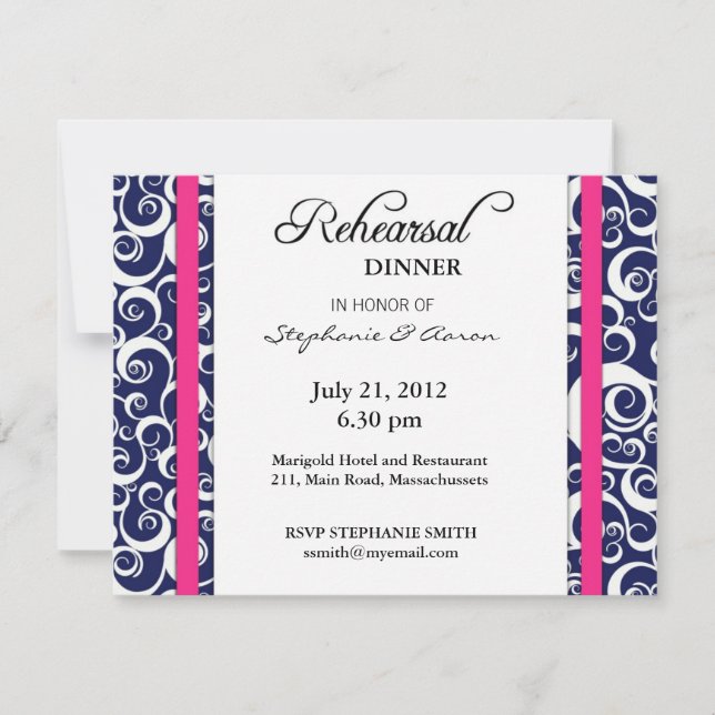 Blue and Pink Swirl Rehearsal Dinner Card (Front)