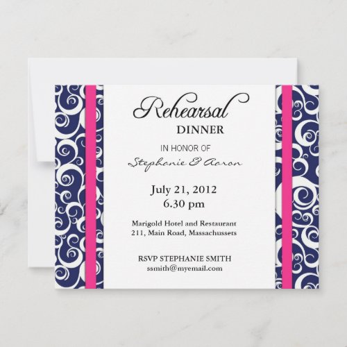 Blue and Pink Swirl Rehearsal Dinner Card Custom Invite