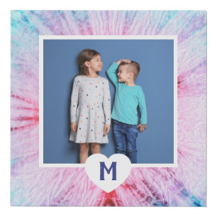 Blue and Pink Tie Dye Pattern   Photo and Monogram Faux Canvas Print