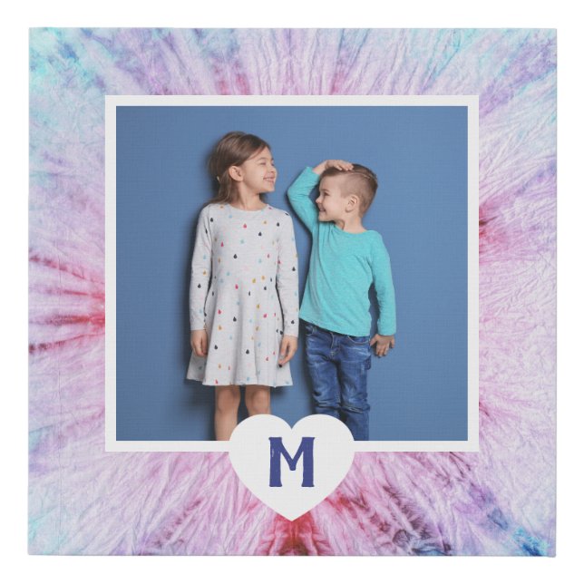 Blue and Pink Tie Dye Pattern | Photo and Monogram Faux Canvas Print (Front)