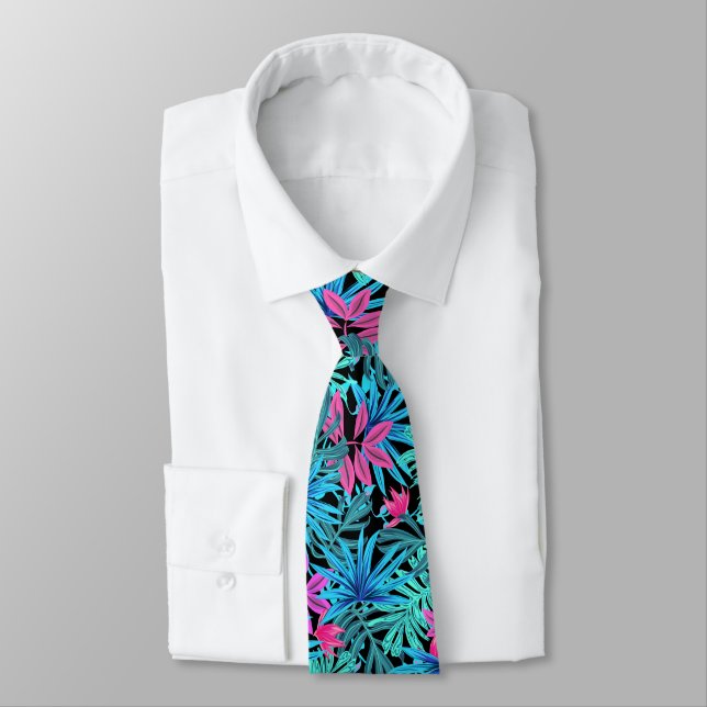 Blue and Pink Tropical Leaves Illustration Neck Tie (Tied)