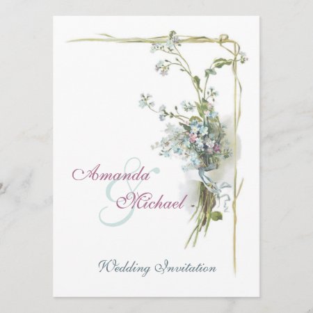Blue And Pink Vintage Flowers Wedding Invitation