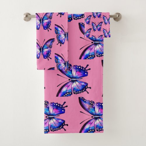 Blue and pink watercolor butterfly   bath towel set