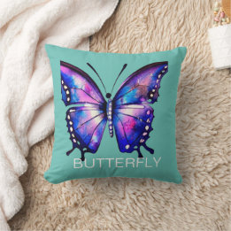 Blue and pink watercolor butterfly throw pillow