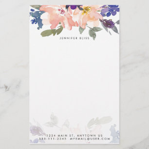 Blue and pink watercolor floral personalized stationery