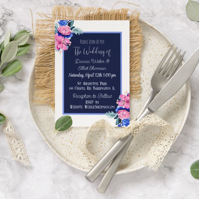 Blue and Pink Watercolor Floral Pretty Wedding Invitation (Creator Uploaded)