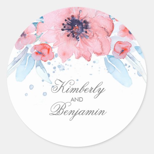 Blue and Pink Watercolor Flowers Elegant Wedding Classic Round Sticker - Pink and serenity blue watercolor floral seal