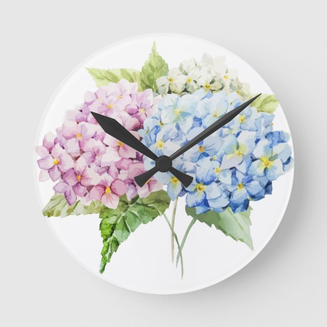 BLUE AND PINK WATERCOLOR HYDRANGEA CLOCK (Front)