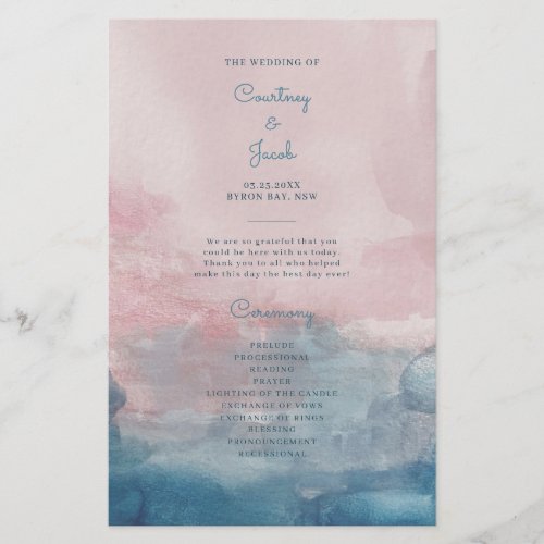 Blue and Pink Watercolor Wedding Ceremony Program