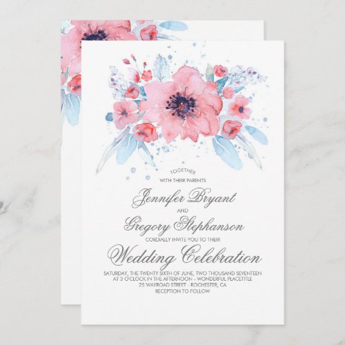 Blue and Pink Watercolors Floral Wedding Invitation - The blue and pink watercolors floral bouquet elegant wedding invitations.  --- All design elements created by Jinaiji