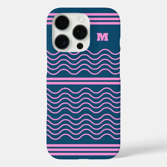 Blue and Pink Wavy Stripes Pattern Monogram Case-Mate iPhone Case (Back)