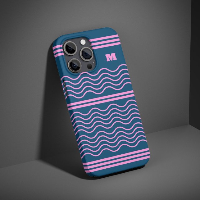 Blue and Pink Wavy Stripes Pattern Monogram Case-Mate iPhone Case (Creator Uploaded)