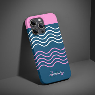 Blue and Pink Wavy Stripes Pattern Personalized iPhone 16 Pro Case