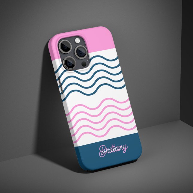 Blue and Pink Wavy Stripes Pattern Personalized  Case-Mate iPhone Case (Creator Uploaded)