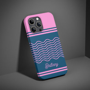 Blue and Pink Wavy Stripes Pattern Personalized  iPhone 16 Pro Case