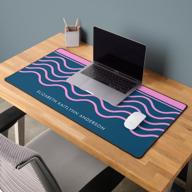 Blue and Pink Wavy Stripes Pattern Personalized  Desk Mat (Office 2)